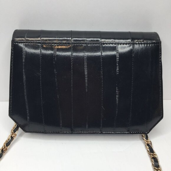 Vintage Genuine Eel Skin Leather Black Evening Purse Handbag Mirror Chain Strap - Picture 2 of 14